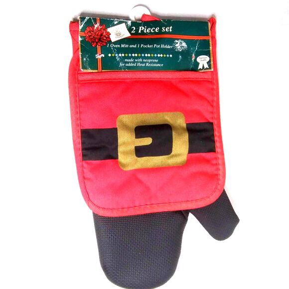 NWT Santa Suit Christmas Oven Mitt & Holder Set – Festive 2-Piece Kitchen Decor - Picture 1 of 7